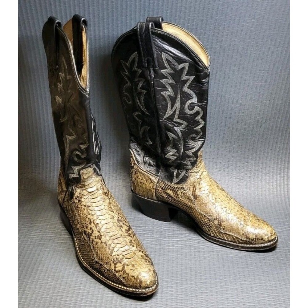VTG Dan Post Natural Python Snakeskin Cowboy Boots Mens 8 D Black Leather Exotic